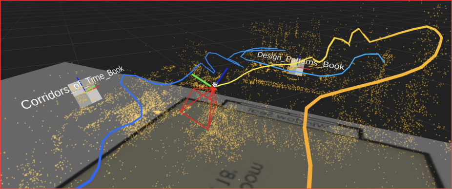 Another image from the AR application shows the path taken by the smartphone as well as the point cloud overlaid on the building map.