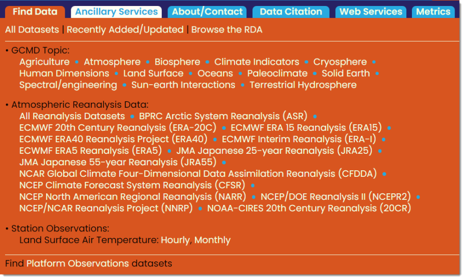 The Research Data Archive "Find Data" web page