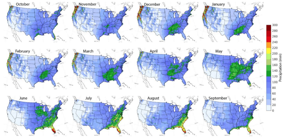 CONUS404 monthly precipitation climatology from 1986-2020